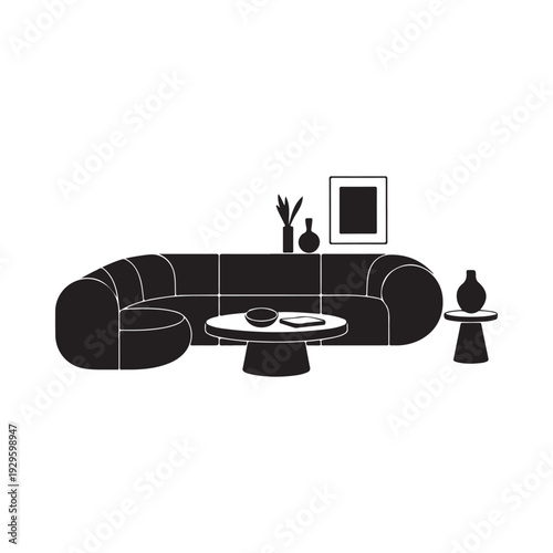 Minimalist living room interior with a curved sofa side table and decorative elements