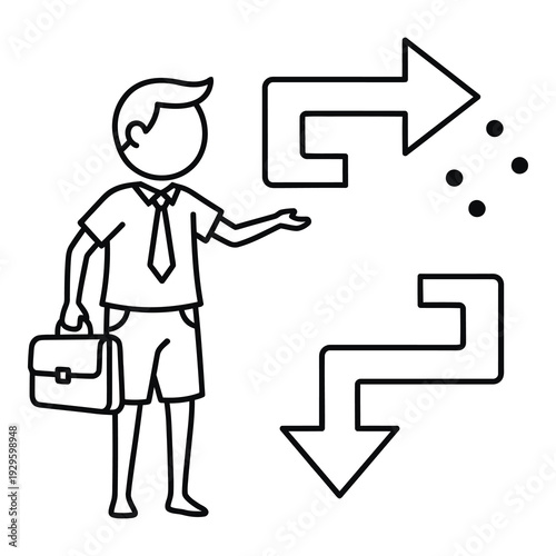 Man in business attire holding briefcase and gesturing towards two arrows icon