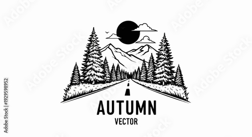 Road leading to majestic mountains, flanked by pine trees, under a cloudy moonlit sky