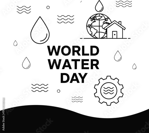 World water day silhouette illustration with globe house and water droplets
