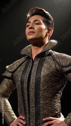 Young handsome man in a dark leather jacket posing seriously in a studio fashion portrait
