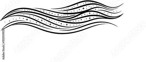 Black wavy lines with scattered stars, circles, and dots create a festive sparkle effect