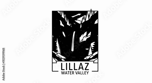 Stylized black and white illustration of a waterfall in a valley with trees