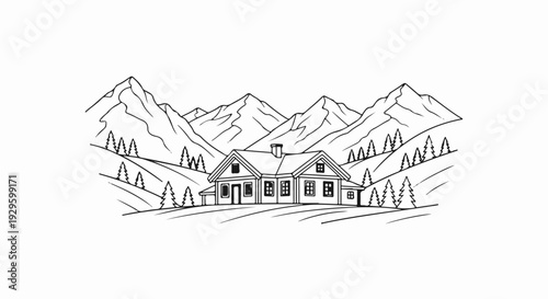 A house nestled in a valley with mountains and pine trees