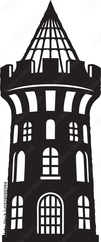 Fototapeta premium Intricate black silhouette of tall medieval castle tower with arched windows and battlements representing history