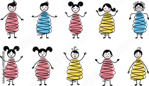 Set of cute doodle characters with spring shaped bodies in pink blue and yellow, featuring diverse facial expressions and hairstyles, isolated vector,