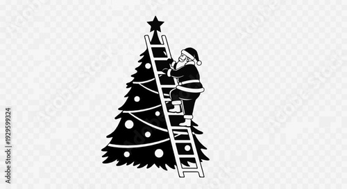 Santa Claus ascends a ladder to place a star atop a decorated Christmas tree
