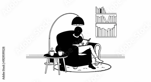 Person reading a book in an armchair with coffee and a lamp