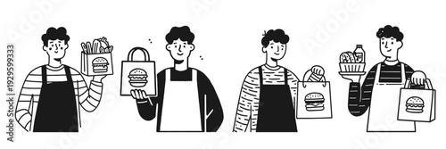 Food delivery worker handing over takeaway order in minimal flat line illustration style