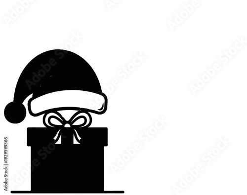 A black silhouette of a gift box topped with a Santa hat and ribbon
