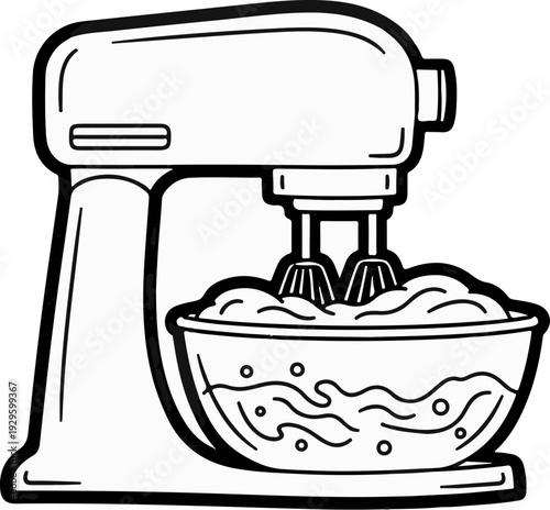 Stand mixer with beaters active in a bowl of batter, black and white outline