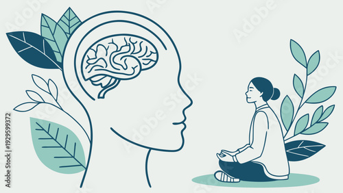 Woman meditating in nature with brain illustration for mindfulness and mental wellness