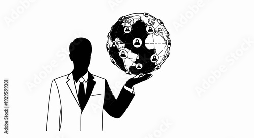 Silhouetted man in suit holding connected globe with people icons