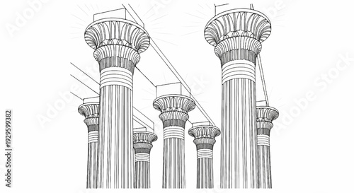 Stylized illustration of classical architectural columns with radiating light