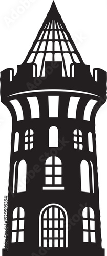 Intricate black silhouette of tall medieval castle tower with arched windows and battlements representing history