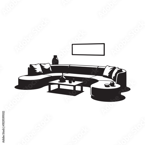 A minimalist living room setup featuring a large sectional sofa and coffee table
