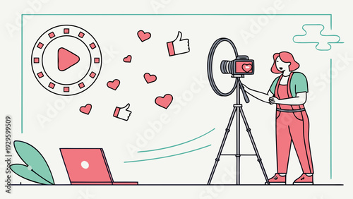 Young woman creating engaging video content with camera and laptop