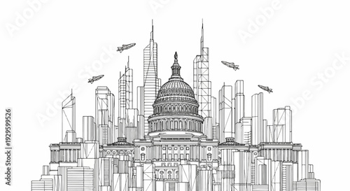 A stark, architectural drawing depicts a grand dome structure flanked by modern skyscrapers