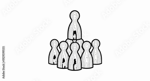 Wooden figures in a tiered arrangement, with one figure elevated