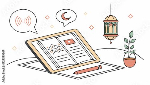 Ramadan journal with lantern and plant on table