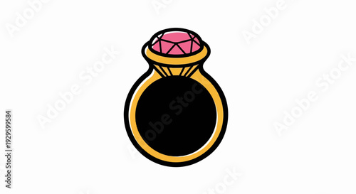 A bold, cartoon-style golden ring with a large, faceted pink gemstone