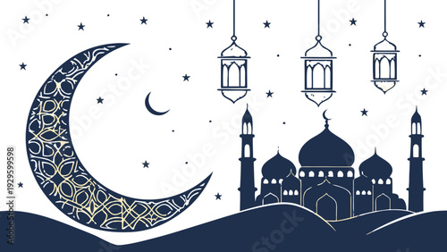 Elegant mosque silhouette under starry night sky with crescent moon and hanging lanterns