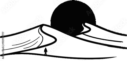 Silhouette of a lone figure traversing vast desert dunes under a setting sun