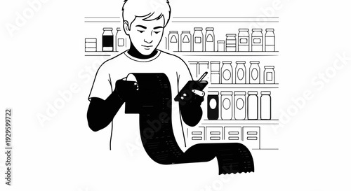 Person examines a long receipt next to shelves filled with jars and containers
