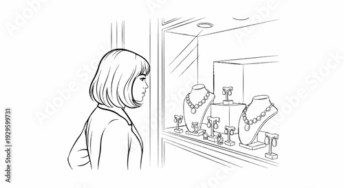 Woman looking at necklaces and earrings in a jewelry store window