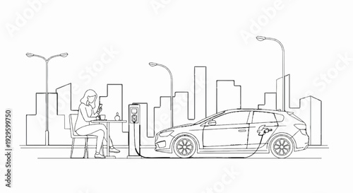 Woman using smartphone at cafe table while electric car charges in city