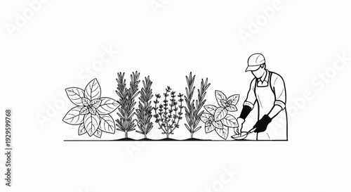 Person in apron tending to a row of herb plants with a gardening tool