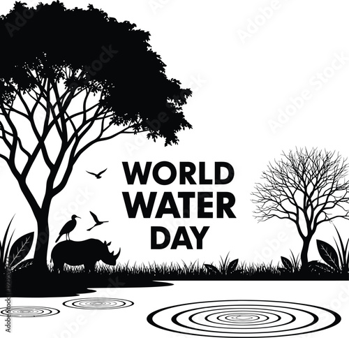 World water day silhouette illustration with trees animals and ripples