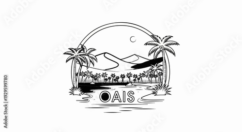 Black and white illustration of a desert oasis with palm trees, dunes, and a moon