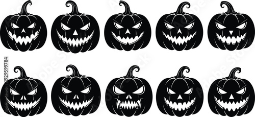 Collection of spooky jack-o’-lantern silhouettes with unique carved faces, Halloween pumpkin artwork set, rustic eerie decoration design, traditional holiday illustration for seasonal themes
