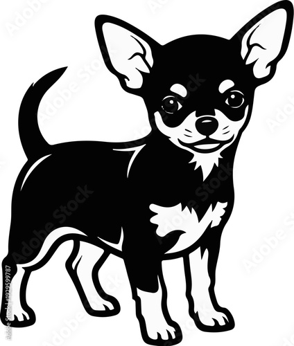 Black and white cartoon illustration of a small dog standing