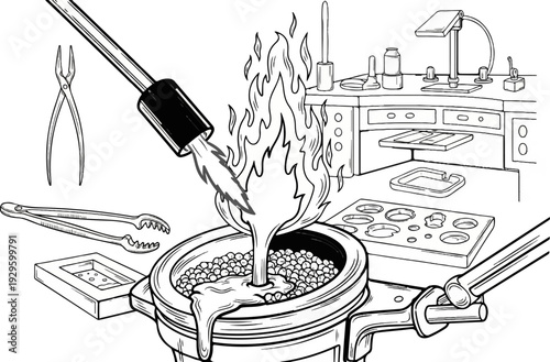 Metal casting process with tools, torch, and workbench