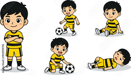 Cartoon illustration of young soccer boy in striped uniform standing running sitting kneeling resting with ball cheerful kids sports artwork perfect for athletic children content