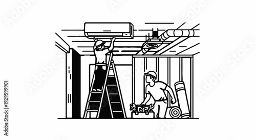 Two workers install an air conditioning unit using a ladder and tools