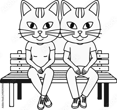 Two cartoon cats with human bodies sitting side-by-side on a park bench
