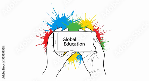 Hands hold phone displaying "Global Education" amidst colorful paint splatters