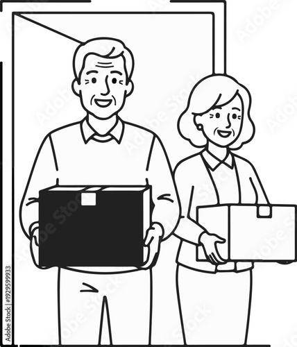 Elderly couple happily carries packages, symbolizing delivery or moving