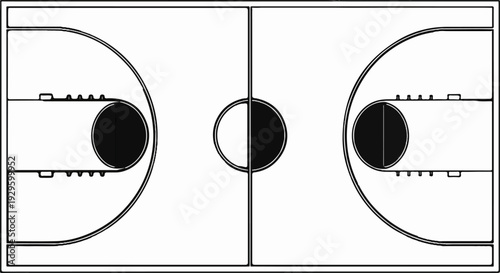 Top-down view of a basketball court with a central circle and hoops