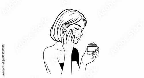 Woman applying cream to her face, holding a jar of moisturizer