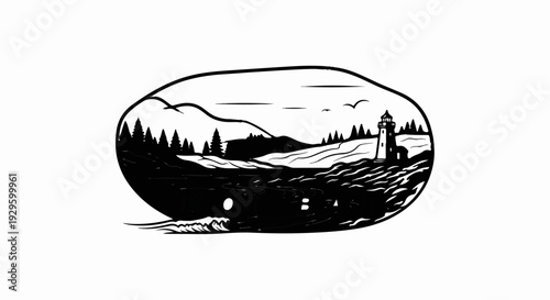 Stylized coastal landscape with a lighthouse and rolling hills under a cloudy sky