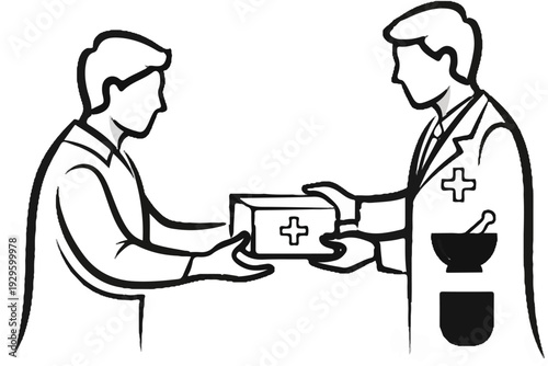 A medical professional hands a small box with a cross to another person