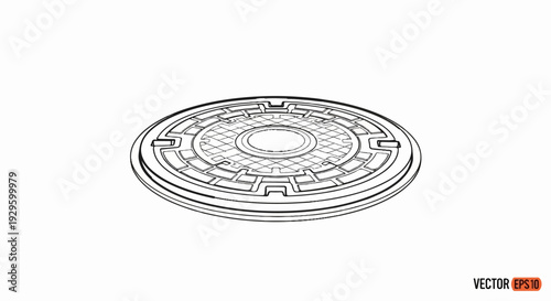 A detailed line drawing of a circular manhole cover with an intricate pattern