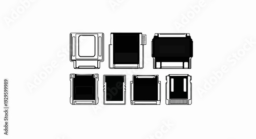 Stylized outline drawings of various connectors with solid black fill