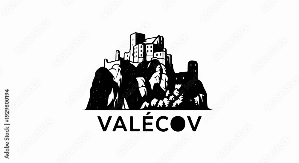 Obraz premium Stylized black and white illustration of a fortified town built upon rugged hills