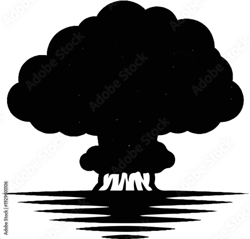 Black mushroom cloud formation over rippling water, symbolic of explosion