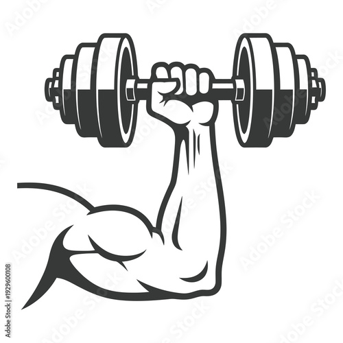 Muscular arm lifting heavy dumbbell weight in gym workout routine exercise icon